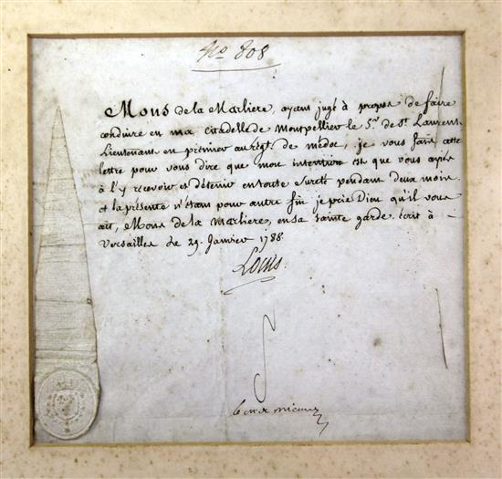 A Louis XVI signed letter, dated 29th January 1788, 19 x 21cm